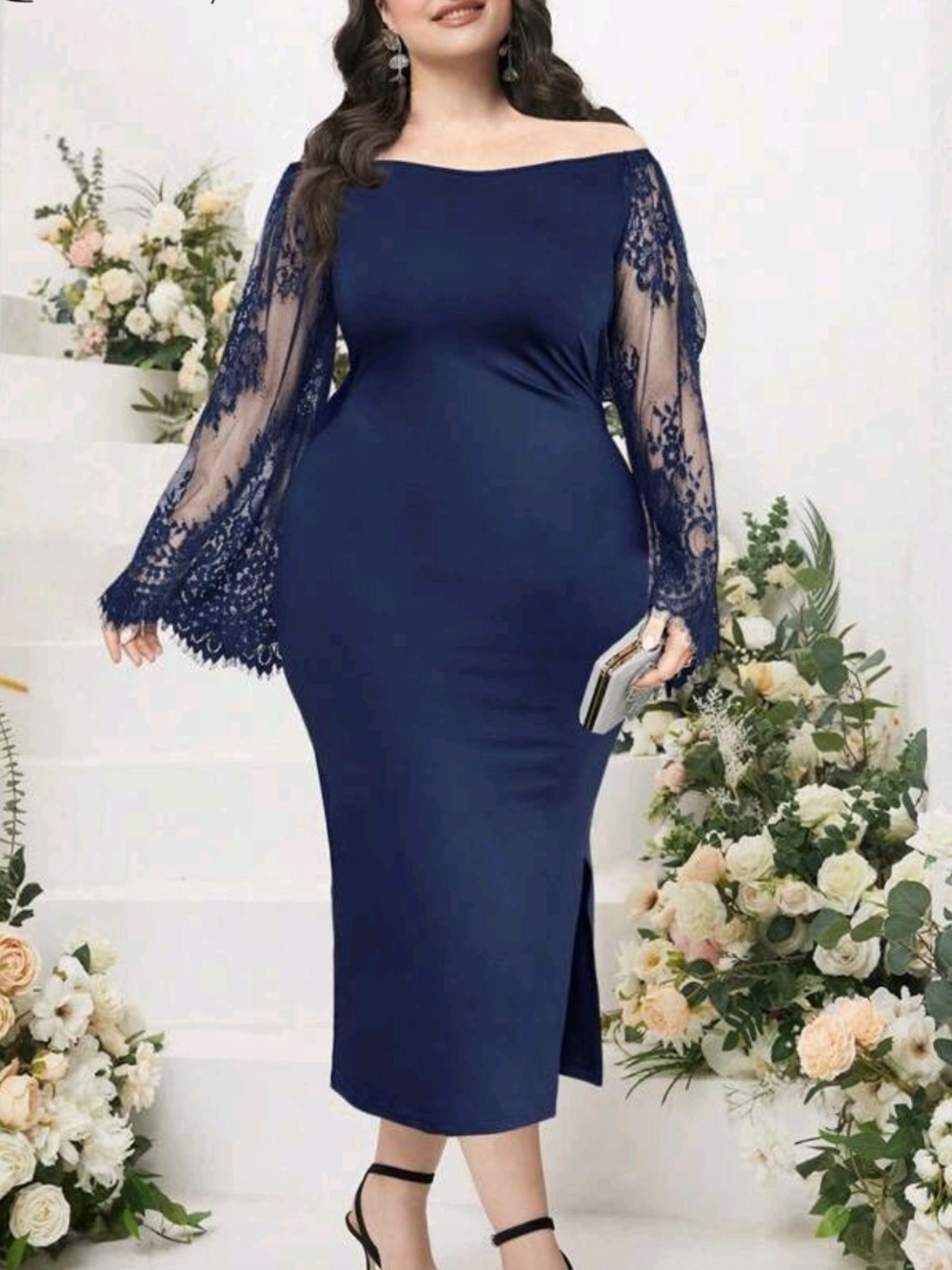 Plus-Size Navy Off-Shoulder Lace Sleeve Midi Dress